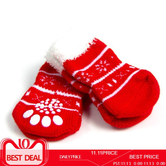 4pcs /set New Red pet dog socks anti slip thickenning warm cotton Christmas socks for pets  puppy dog cat socks cute pet shoes